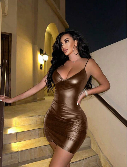 Brown Metallic Fitted Dress