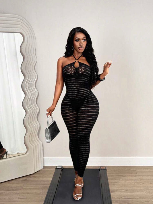Black Lace Shoulderless Jumpsuit