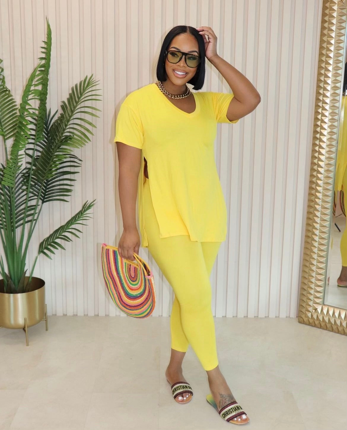 V neck side slits top & leggings set - The Boss Beauty Boutique