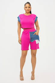 2PC PINK DENIM PATCH PANTS SET - The Boss Beauty Boutique