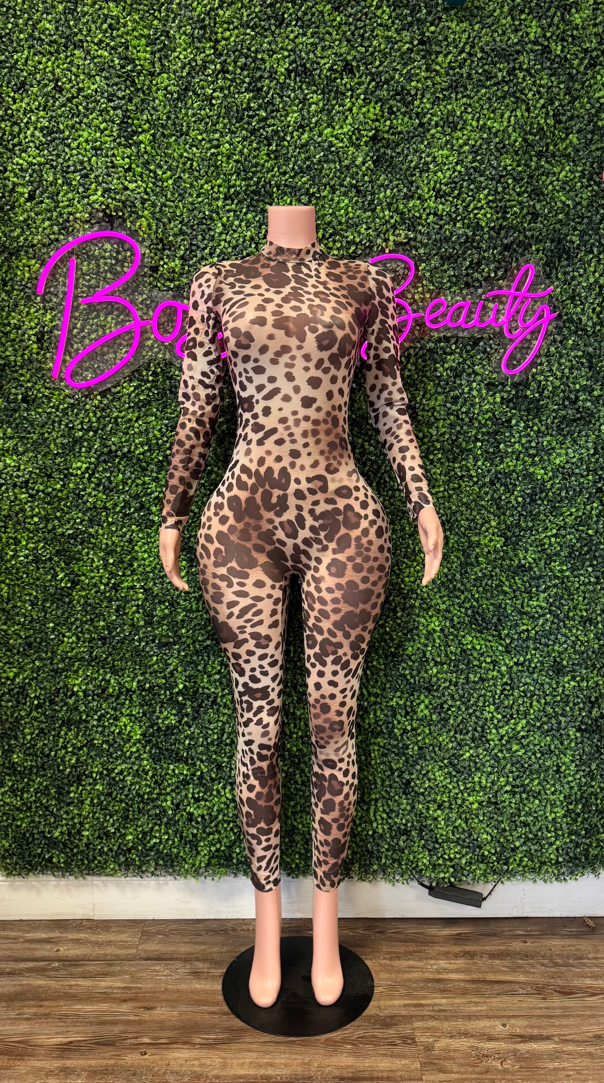 Leopard Print Mesh Jumpsuit - The Boss Beauty Boutique