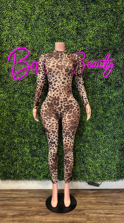 Leopard Print Mesh Jumpsuit - The Boss Beauty Boutique