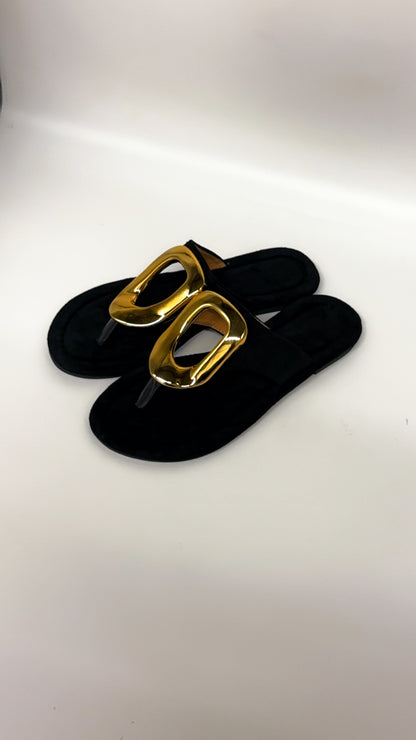 Gold Oval Black Split Toe Sandals