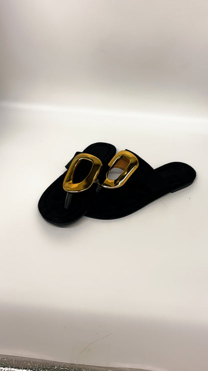 Gold Oval Black Split Toe Sandals