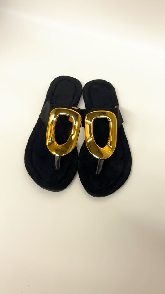Gold Oval Black Split Toe Sandals