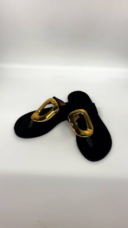 Gold Oval Black Split Toe Sandals
